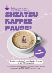 Shiatsu Krefeld Gutschein f&uuml;r Kaffeepause mit Shiatsu als Kaffeetasse und einem Budda als Schaumfig&uuml;rchen