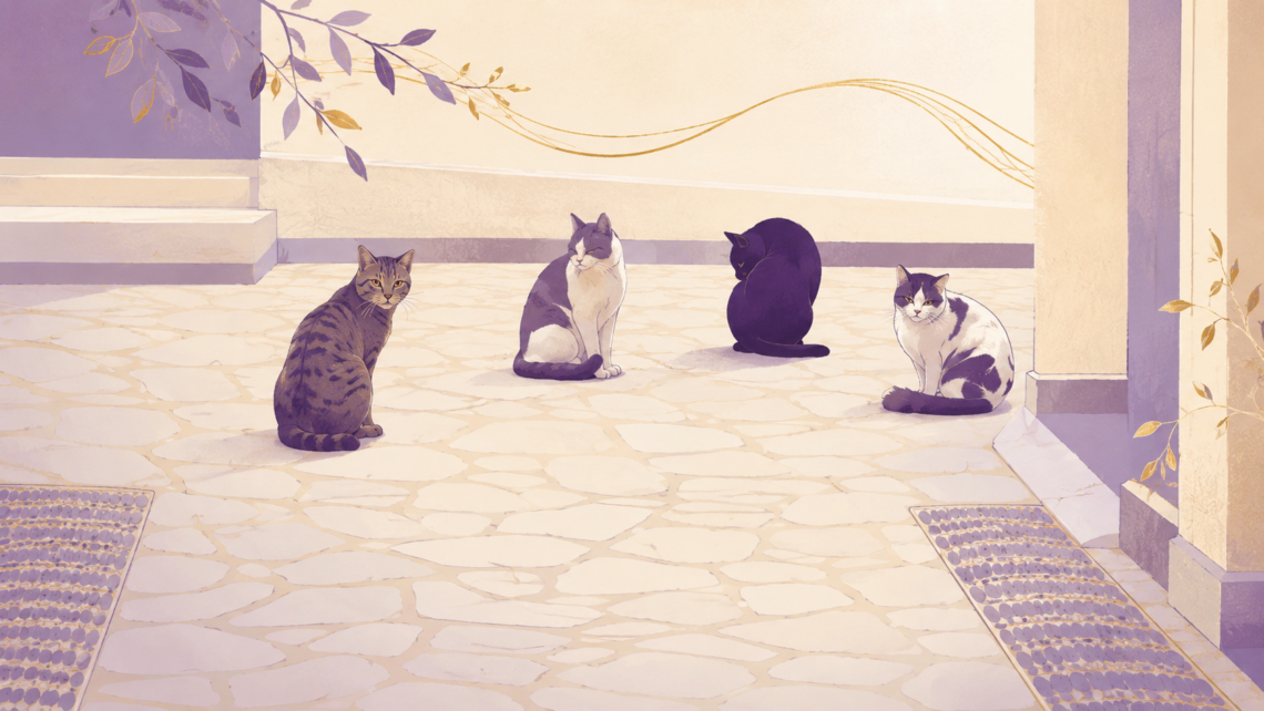 Warum Shiatsu-Berührung die Pausen im Arbeitsalltag besser macht: vier Katzen sitzen in trauter Runde in einem Innehof
