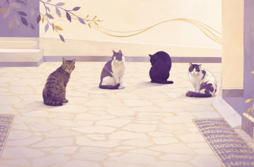 Warum Shiatsu-Berührung die Pausen im Arbeitsalltag besser macht: vier Katzen sitzen in trauter Runde in einem Innehof