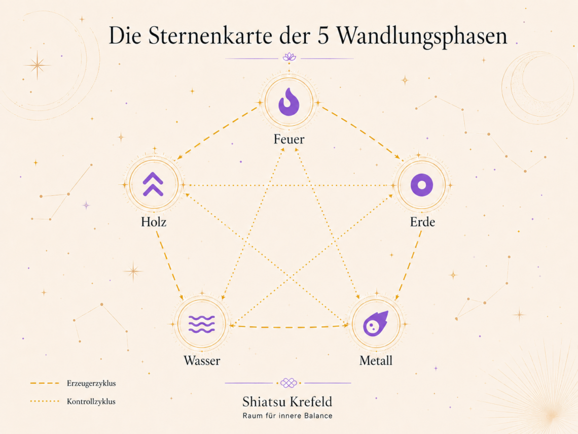 Die 5 Elemente im Shiatsu: Bedeutung der Wandlungsphasen mit Kontroll- und Erzeugerzyklus
