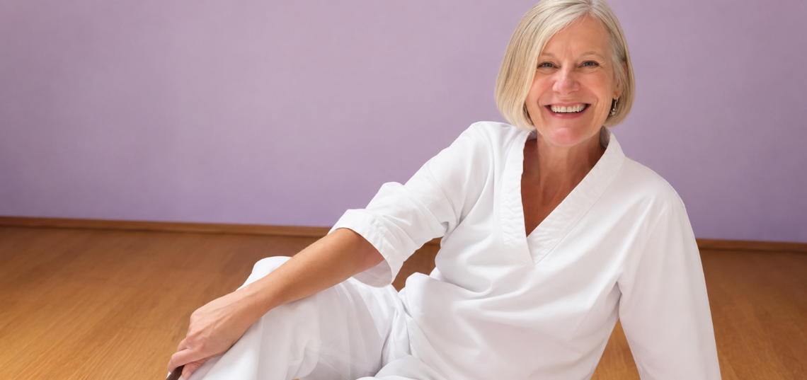 ShenDo Shiatsu - Ira Reckenthäler im weißen Shiatsu Anzug, lachend